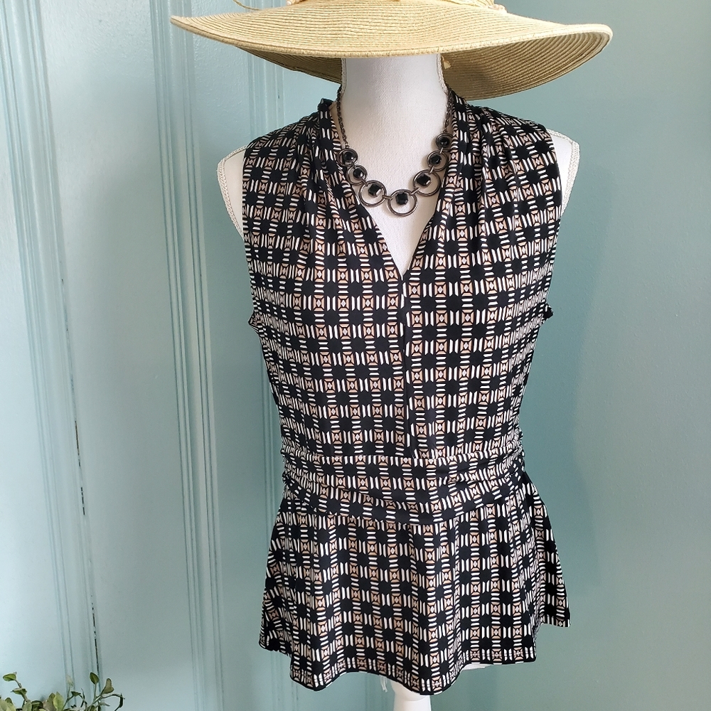 WHBM Beige Black and White Patterned Sleeveless Polyester Top